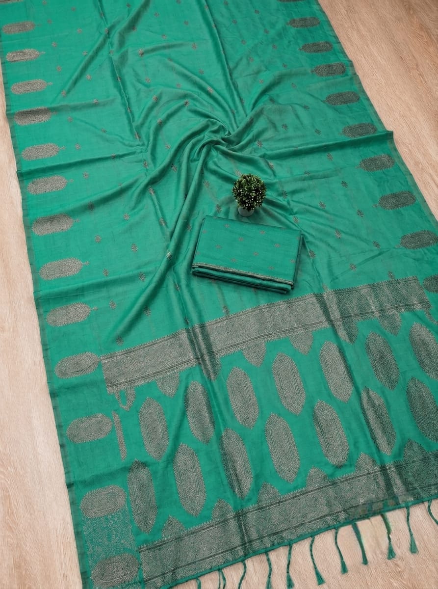 Premium Sea Green Fancy Soft Silk Saree with Self Zari Paisley Border