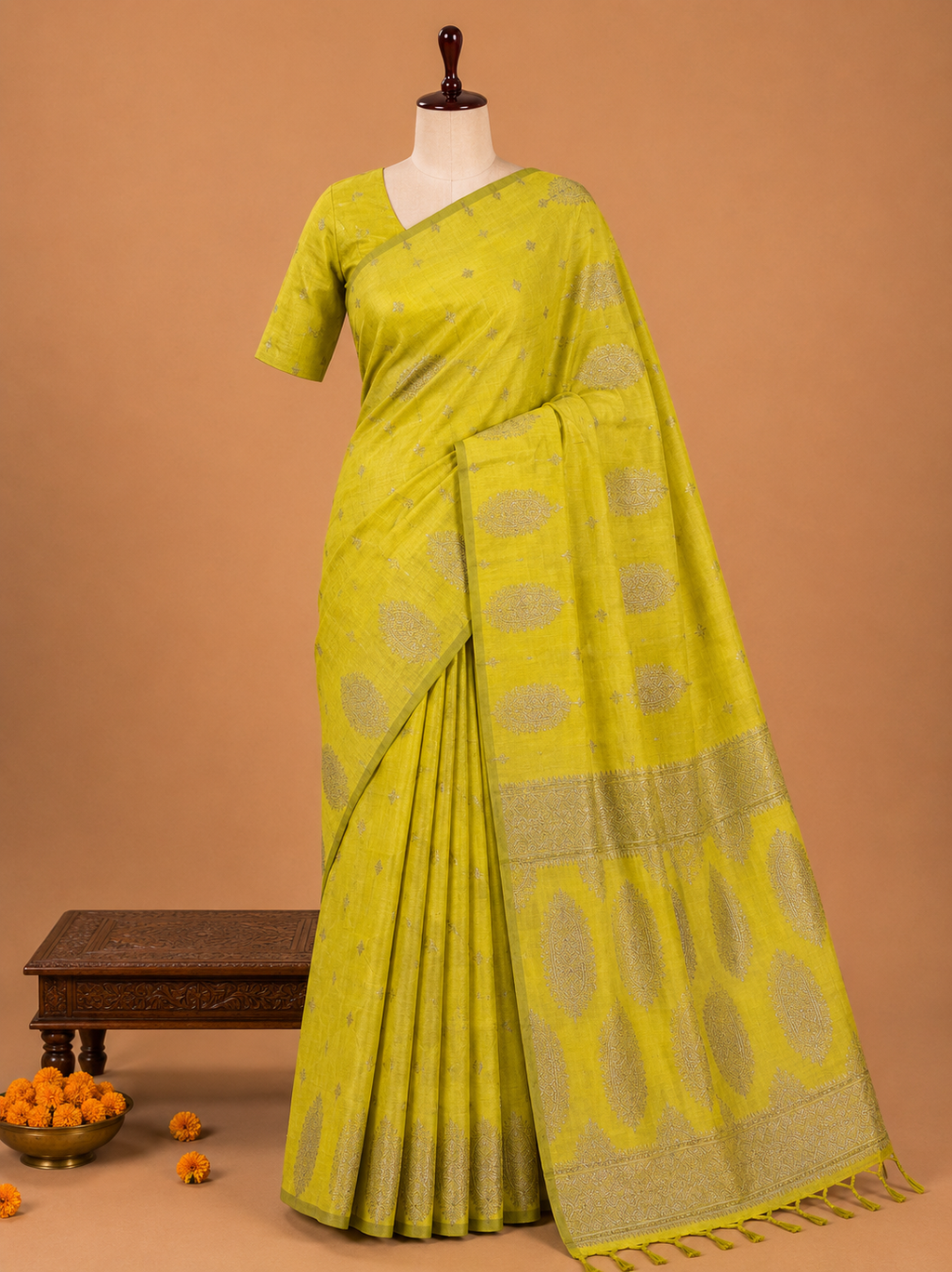 Premium Lime Yellow Fancy Soft Silk Saree with Self Zari Paisley Border