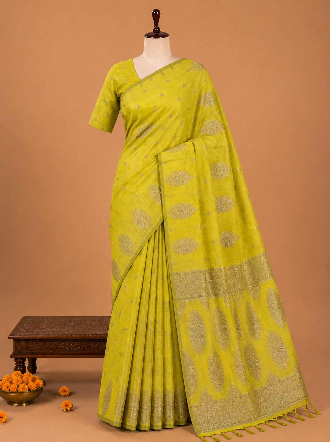 Premium Lime Yellow Fancy Soft Silk Saree with Self Zari Paisley Border