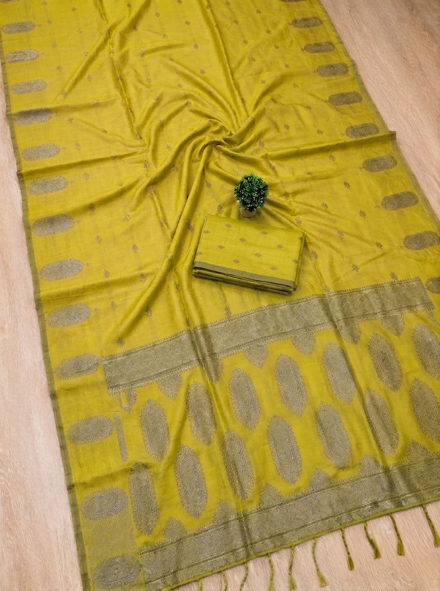 Premium Lime Yellow Fancy Soft Silk Saree with Self Zari Paisley Border