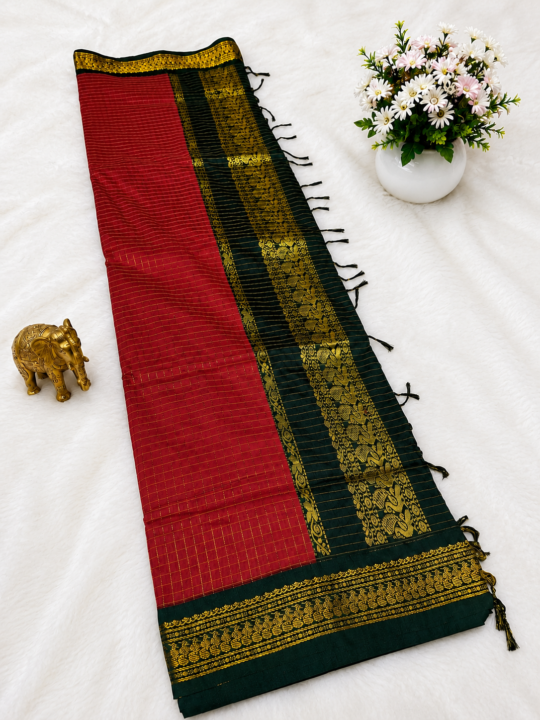 Premium Red Checked Kalyani Cotton Saree