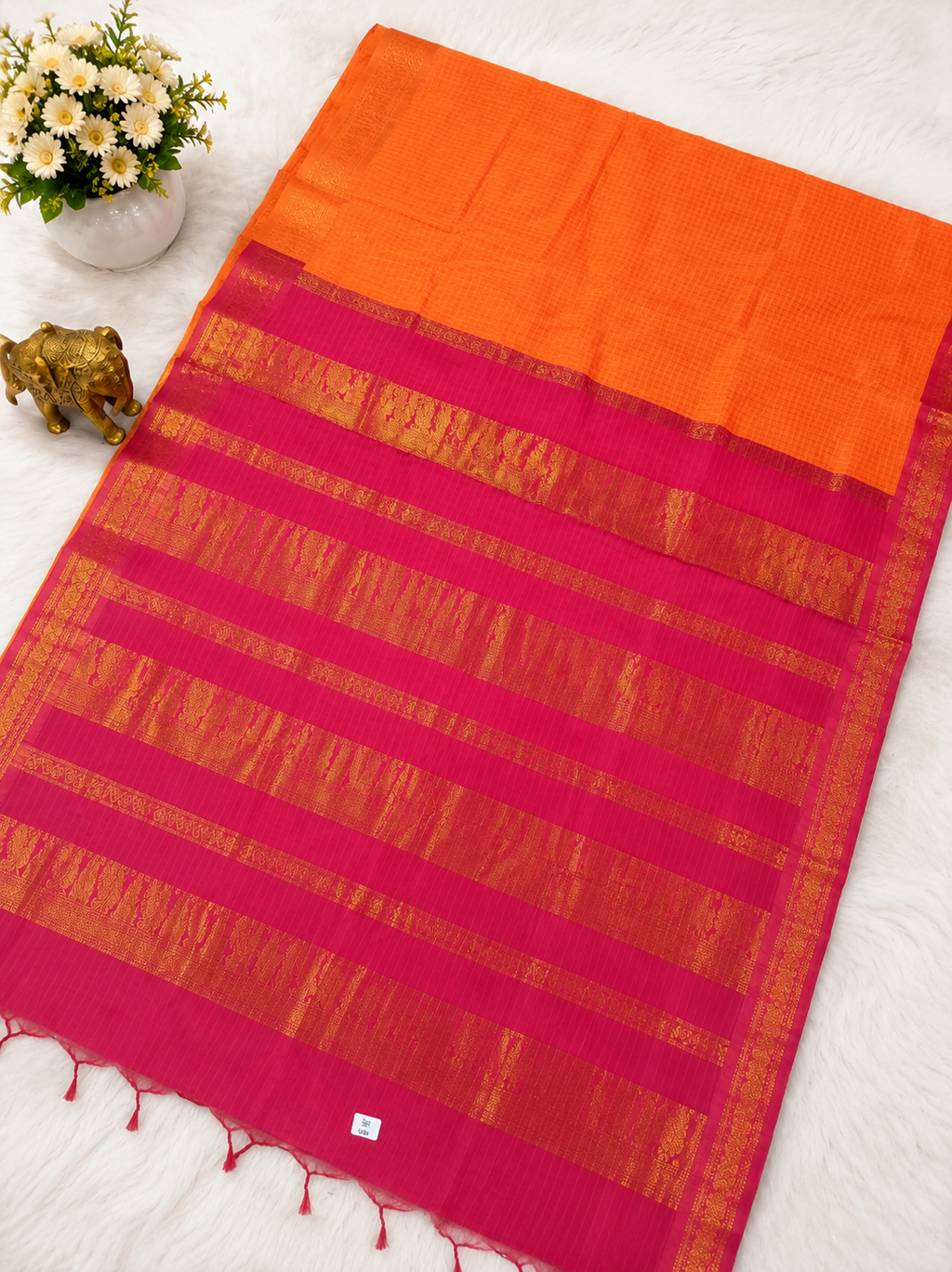 Premium Orange Checked Kalyani Cotton Saree