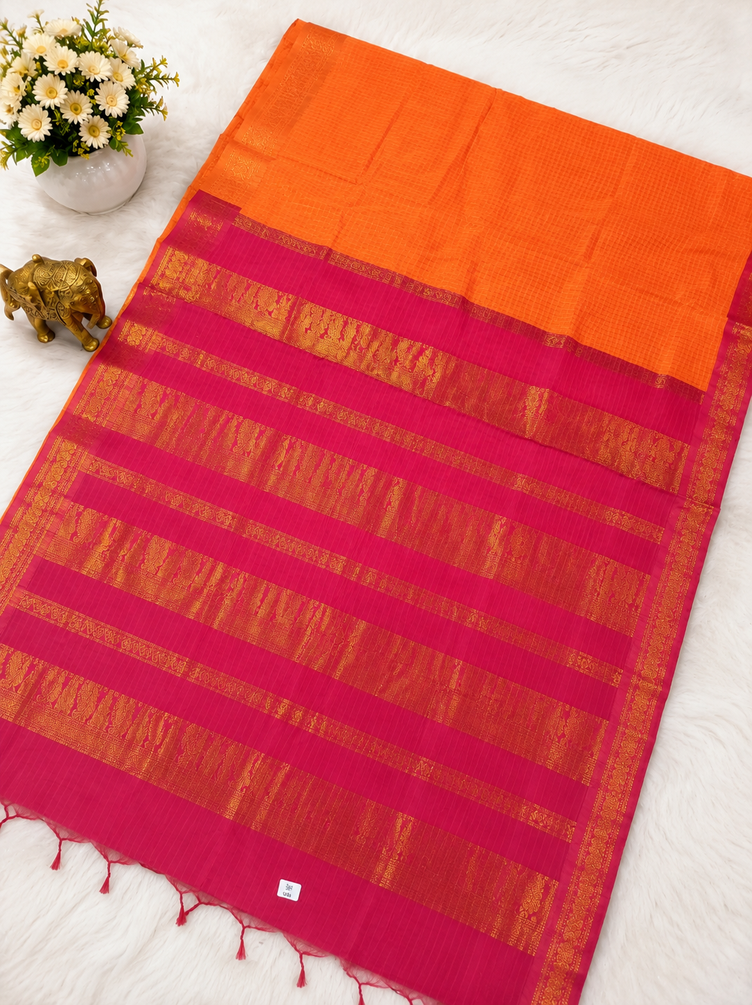 Premium Orange Checked Kalyani Cotton Saree