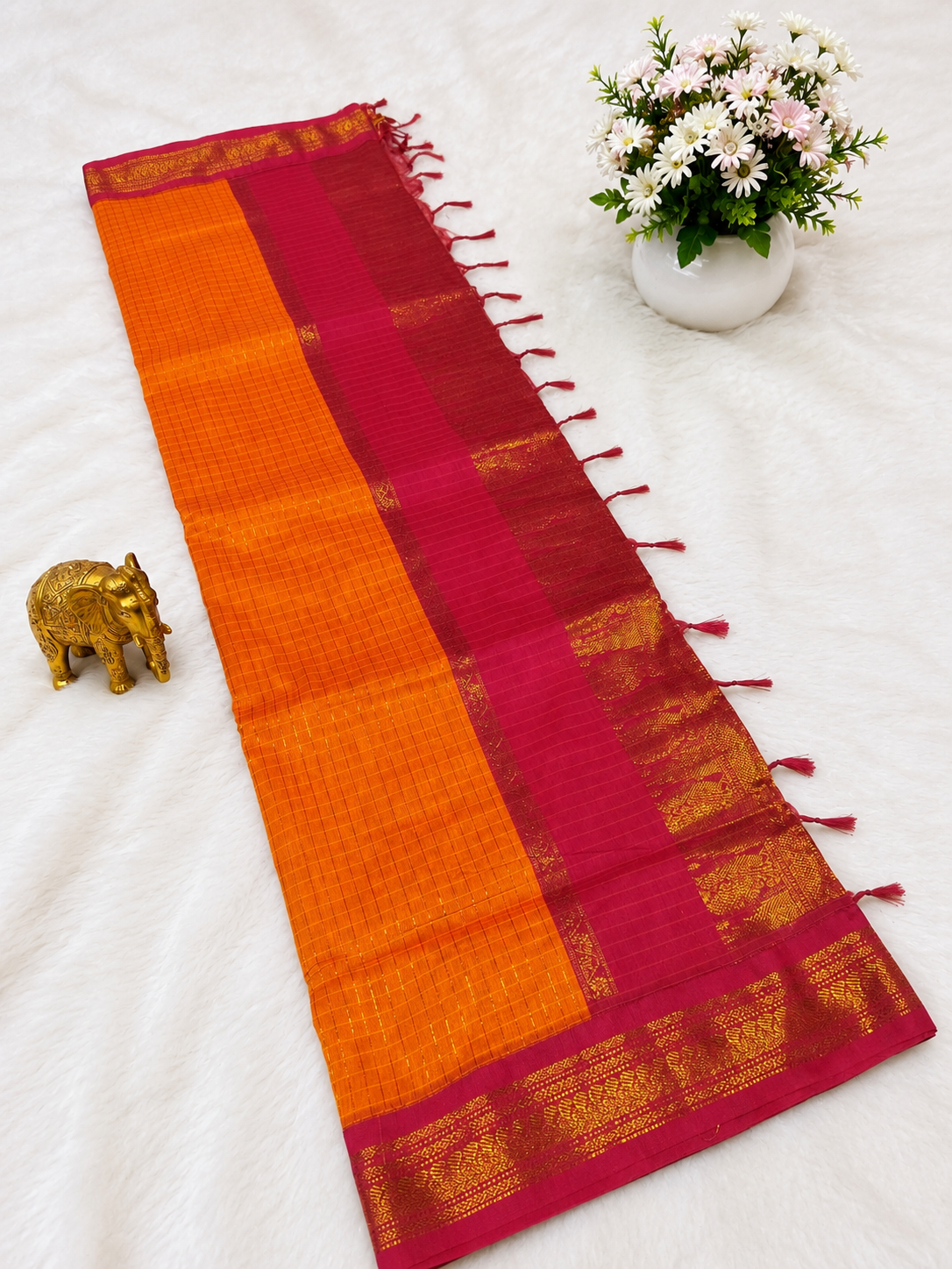 Premium Orange Checked Kalyani Cotton Saree