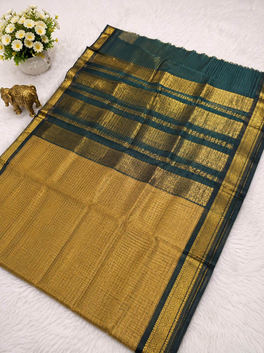 Premium Olive Checked Kalyani Cotton Saree