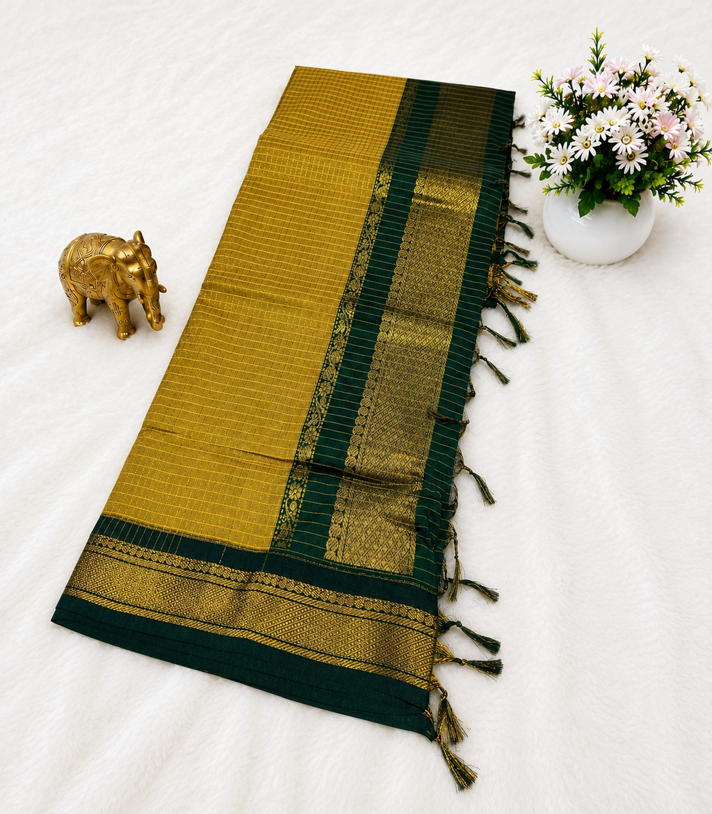 Premium Olive Checked Kalyani Cotton Saree