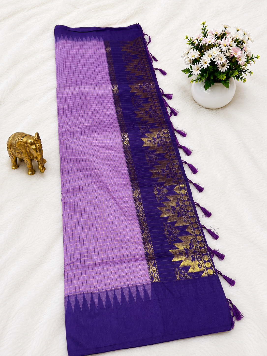 Premium Purple Checked Kalyani Cotton Saree