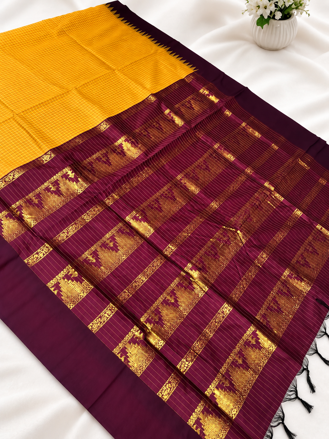 Premium Mustard Yellow Checked Kalyani Cotton Saree
