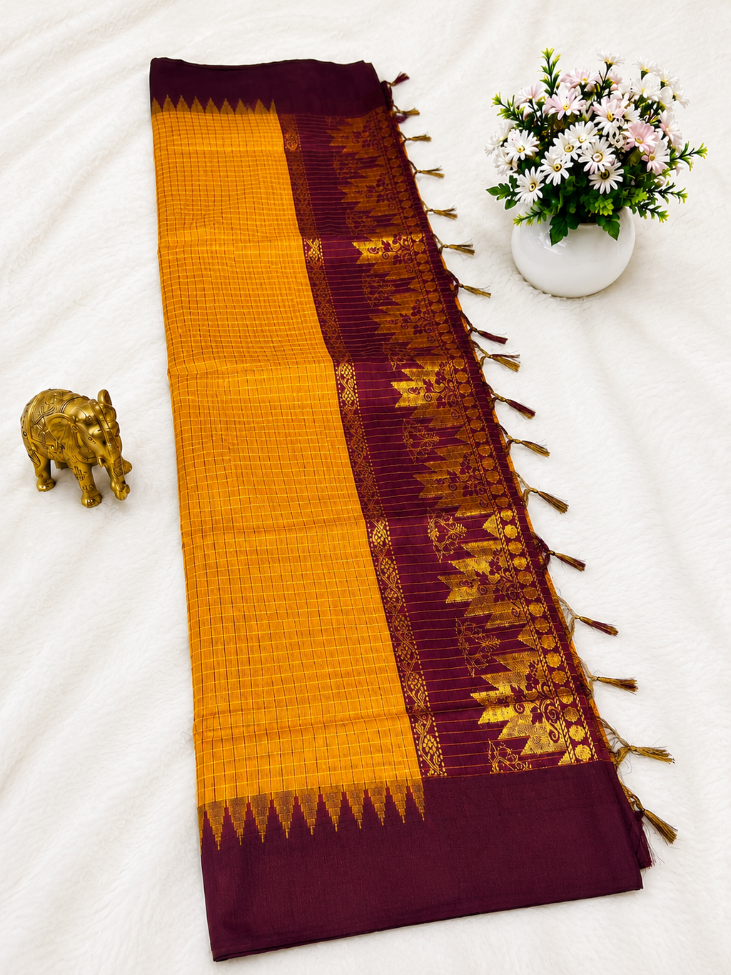 Premium Mustard Yellow Checked Kalyani Cotton Saree