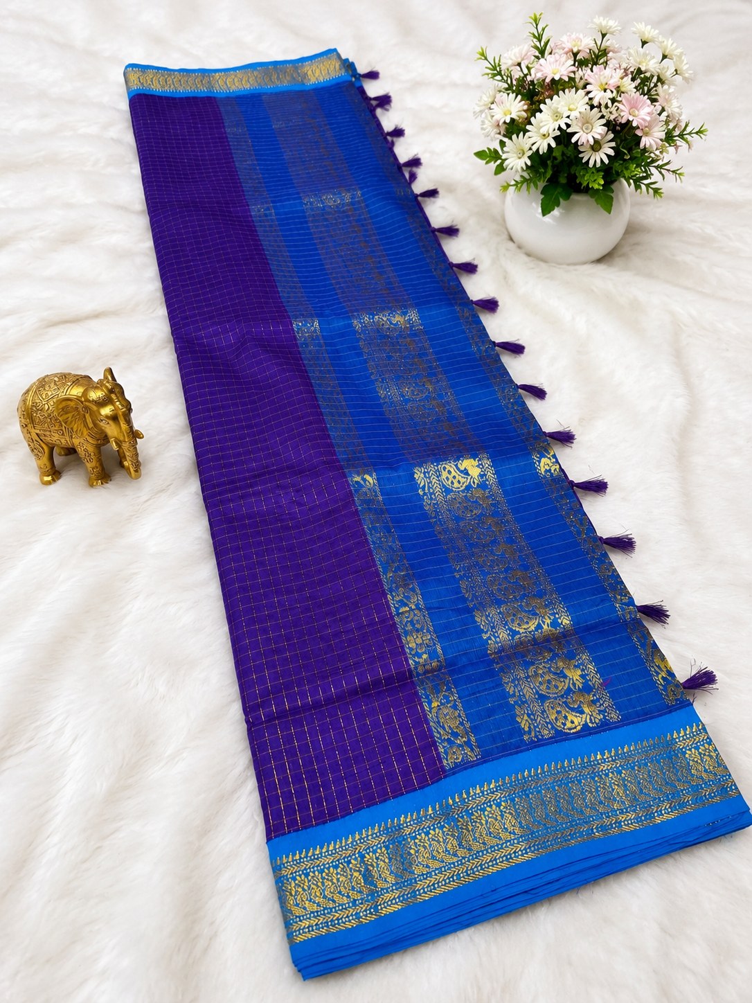 Premium Royal Blue Checked Kalyani Cotton Saree