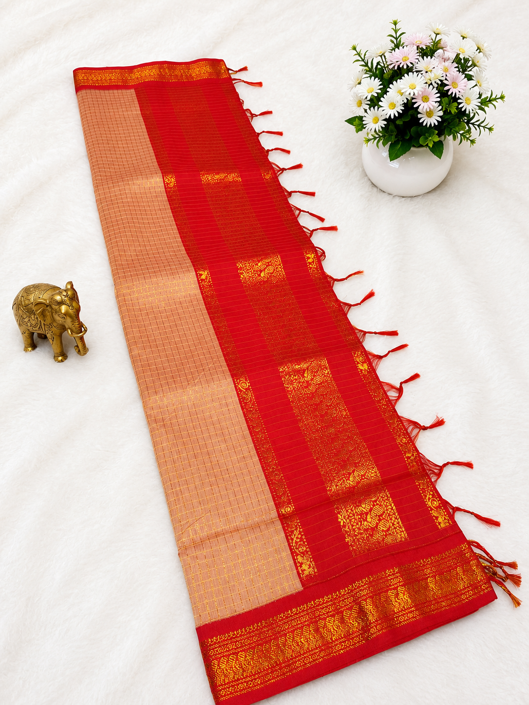 Premium Beige Checked Kalyani Cotton Saree