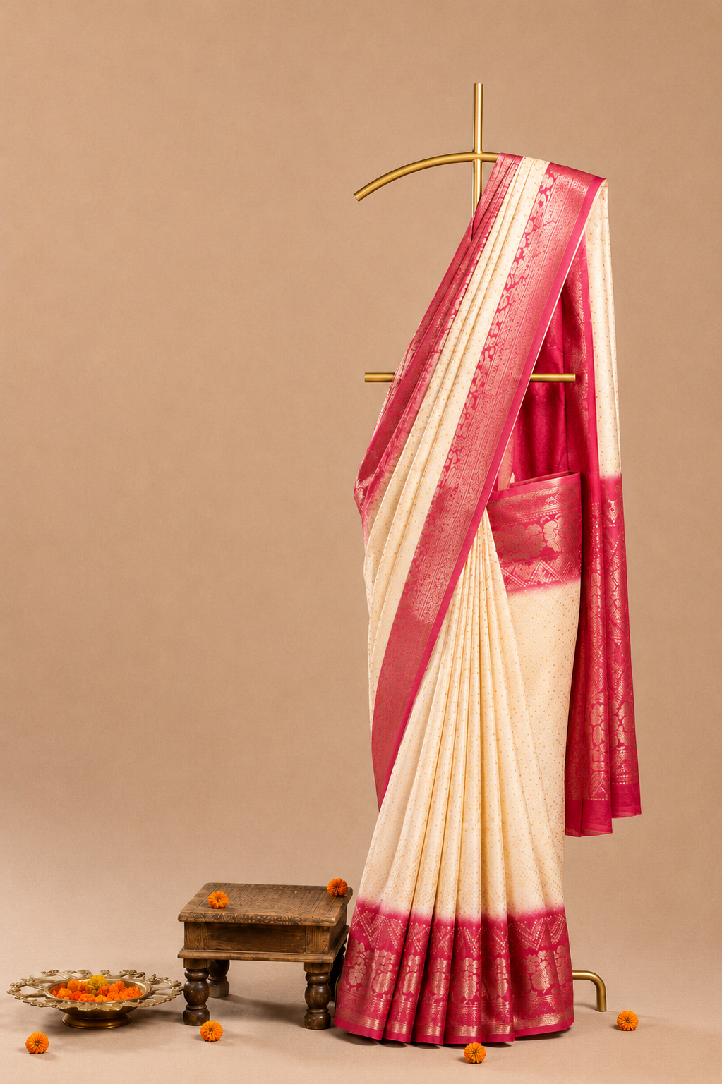 Elegant Sandle & Pink Dolo Bandhani Silk Saree with Gold Zari Border