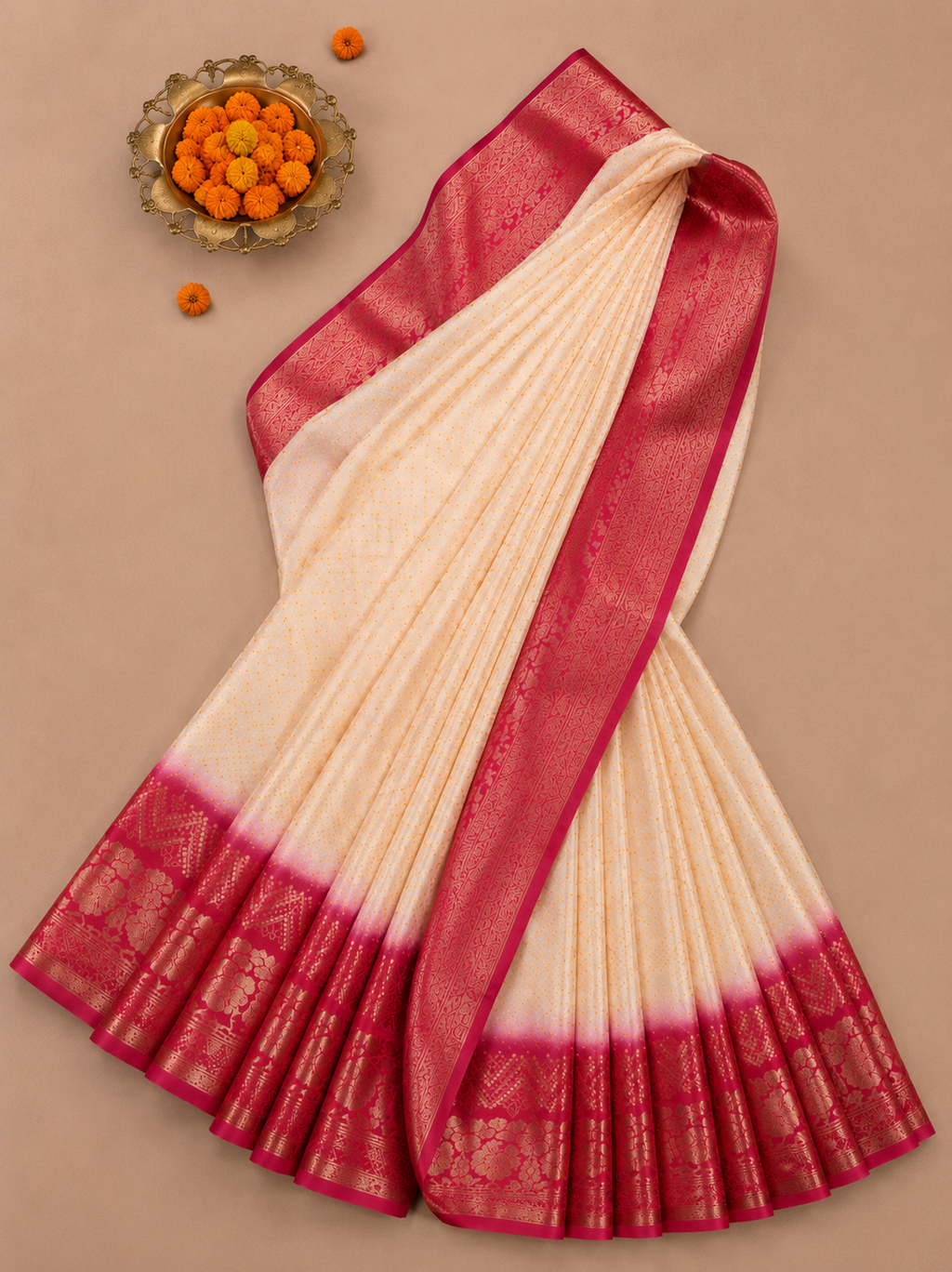 Elegant Sandle & Pink Dolo Bandhani Silk Saree