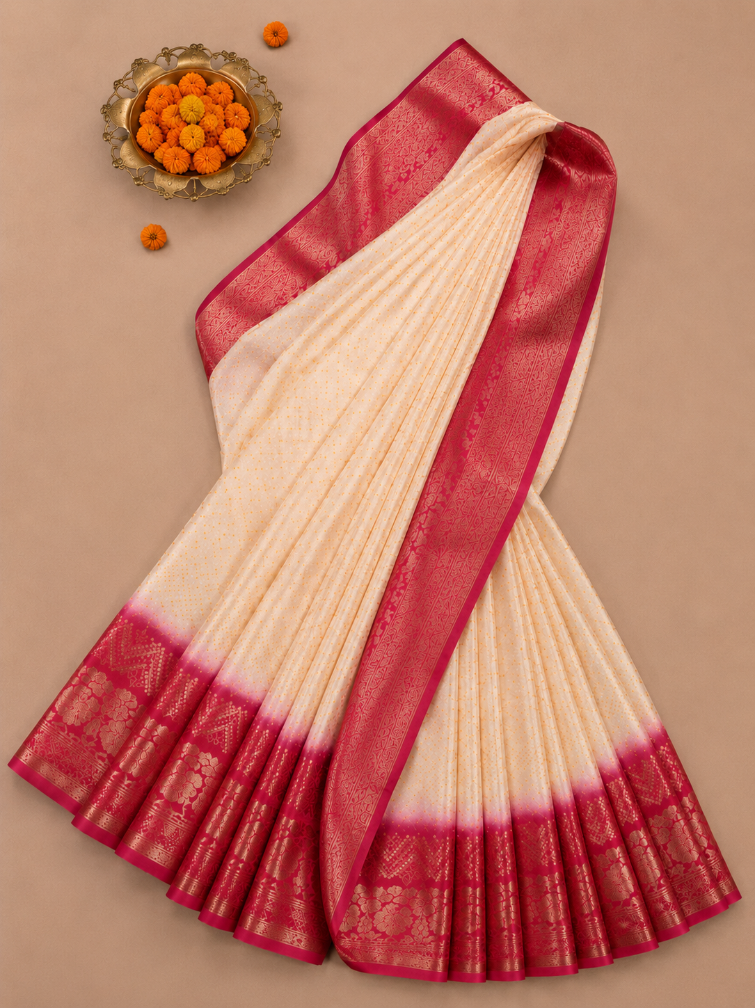 Elegant Sandle & Pink Dolo Bandhani Silk Saree