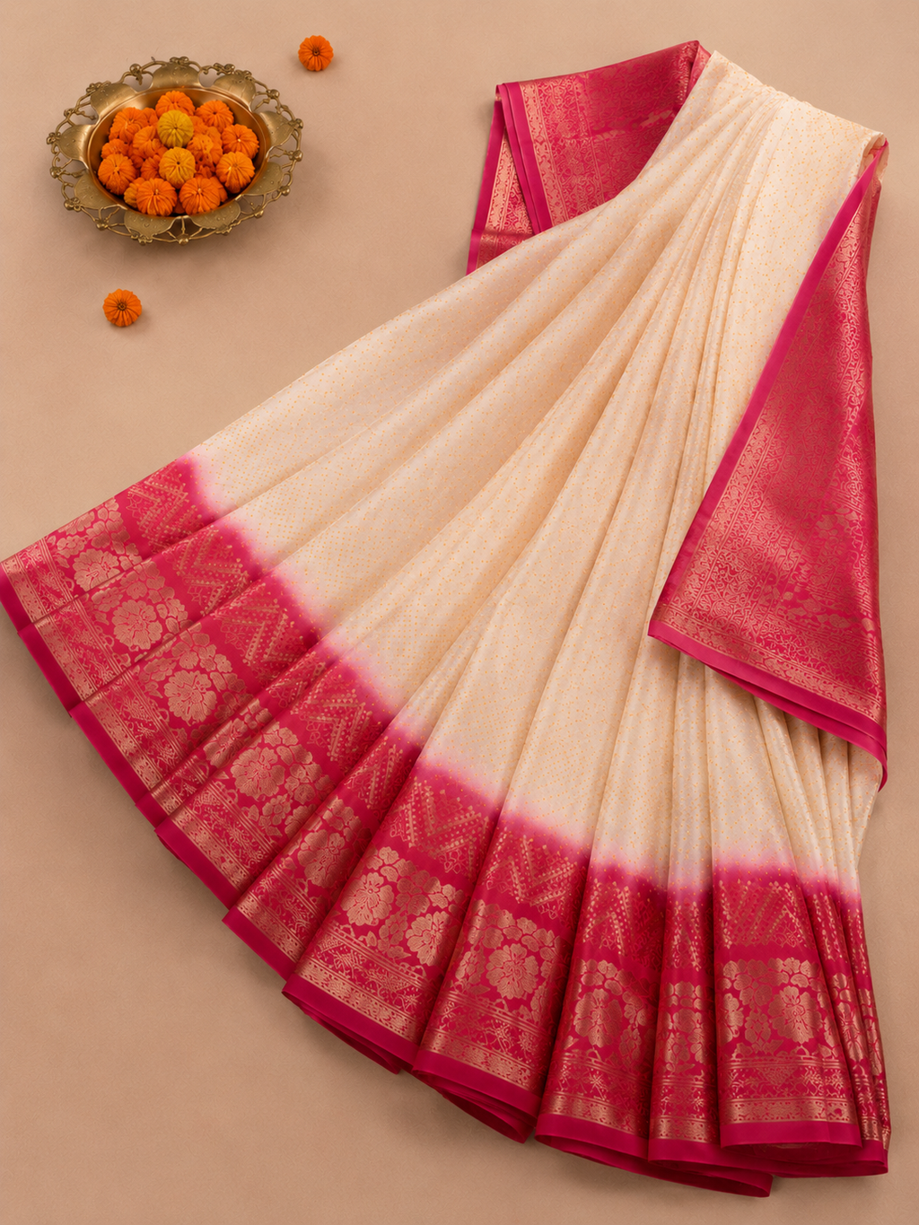 Elegant Sandle & Pink Dolo Bandhani Silk Saree