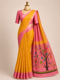 Premium Yellow & Pink Linen Cotton Saree