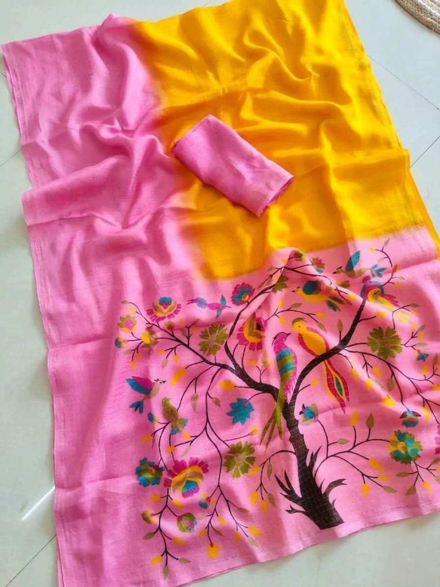 Premium Yellow & Pink Linen Cotton Saree with Printed Bird & Floral Pallu 