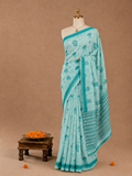 Trendy All-Over Jellyfish Print Light Aqua Linen Cotton Saree