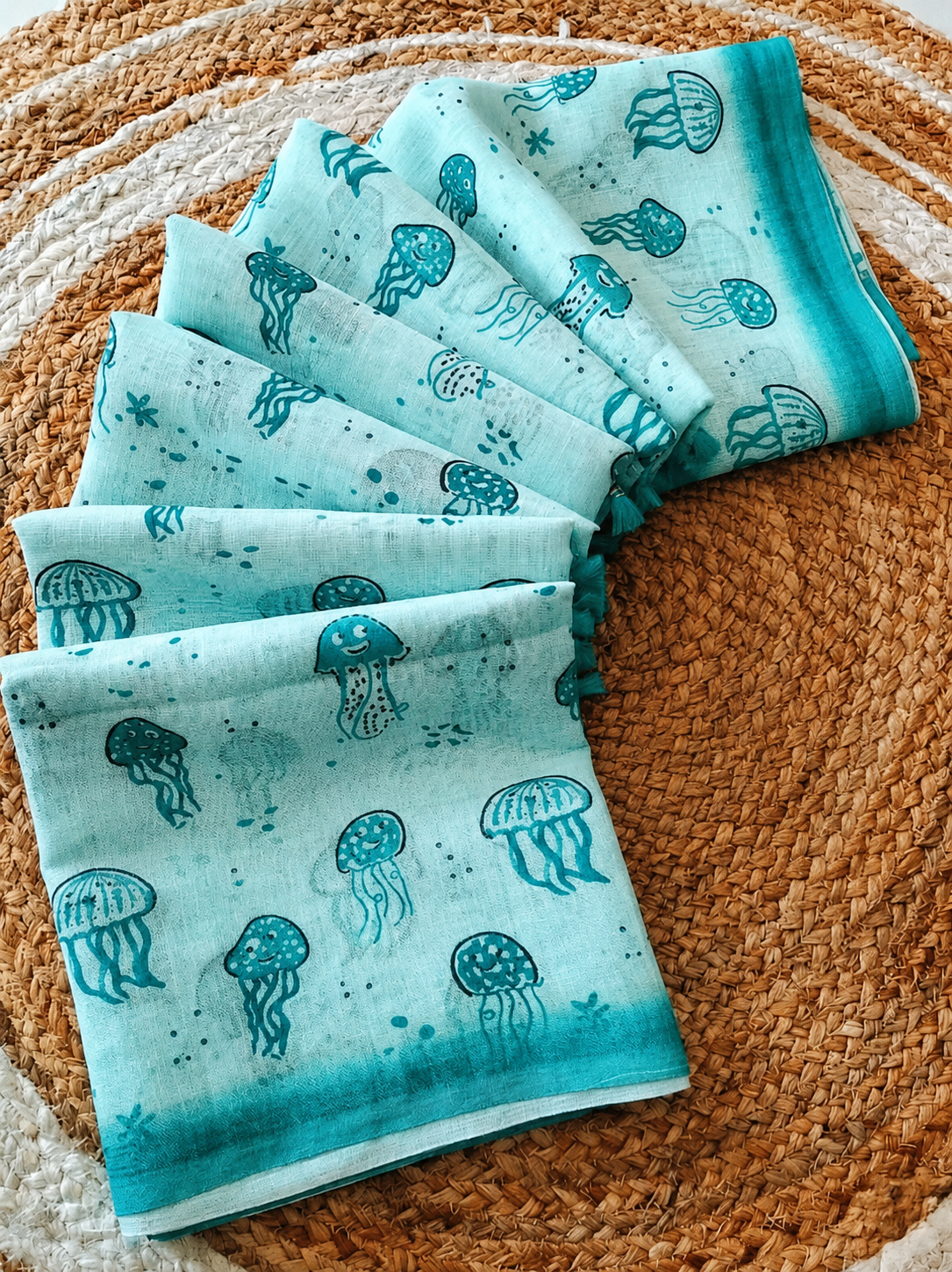 Trendy All-Over Jellyfish Print Light Aqua Linen Cotton Saree