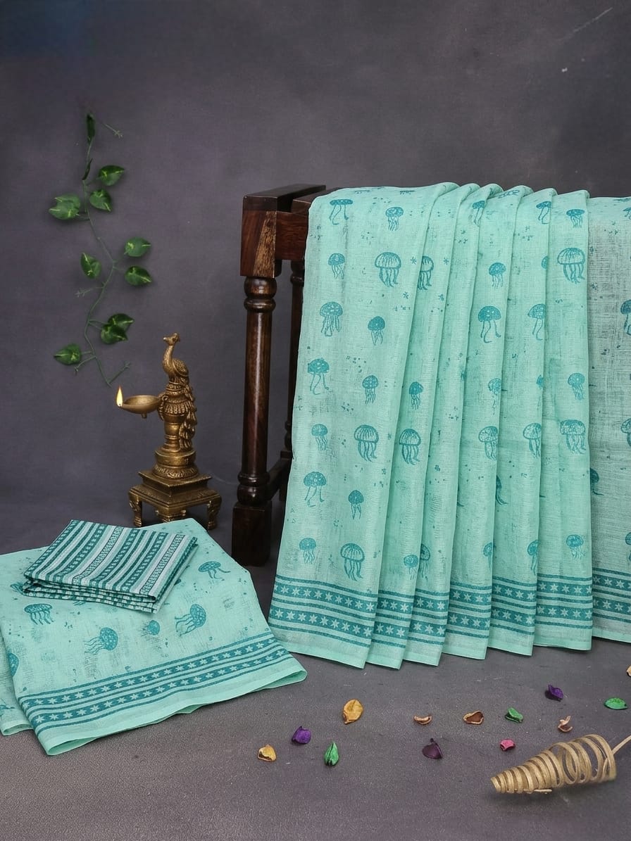Trendy All-Over Jellyfish Print Light Aqua Linen Cotton Saree