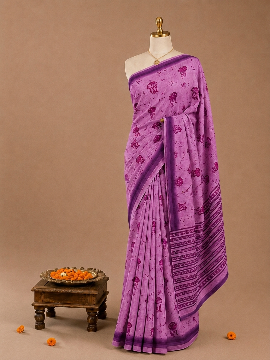 Trendy All-Over Jellyfish Print Magenta Linen Cotton Saree