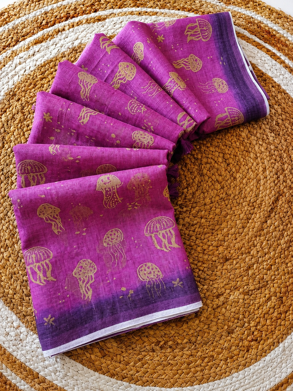Trendy All-Over Jellyfish Print Magenta Linen Cotton Saree