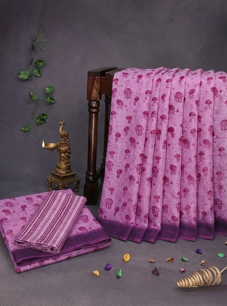 Trendy All-Over Jellyfish Print Magenta Linen Cotton Saree