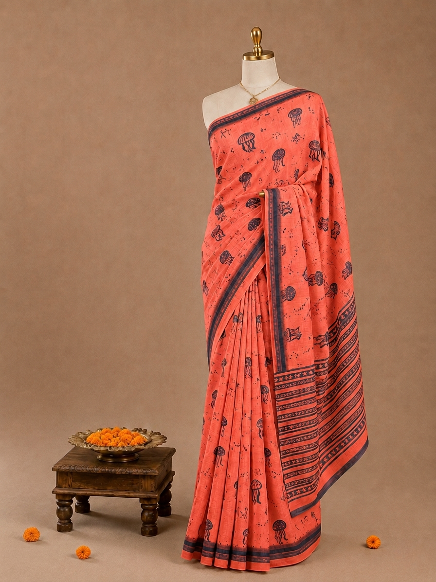 Trendy All-Over Jellyfish Print Orange Linen Cotton Saree