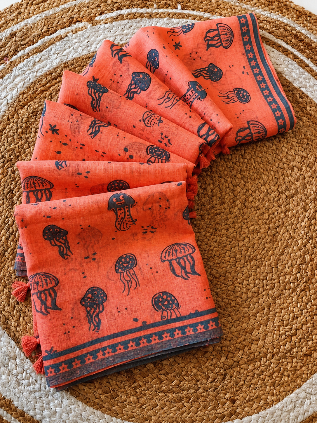 Trendy All-Over Jellyfish Print Orange Linen Cotton Saree
