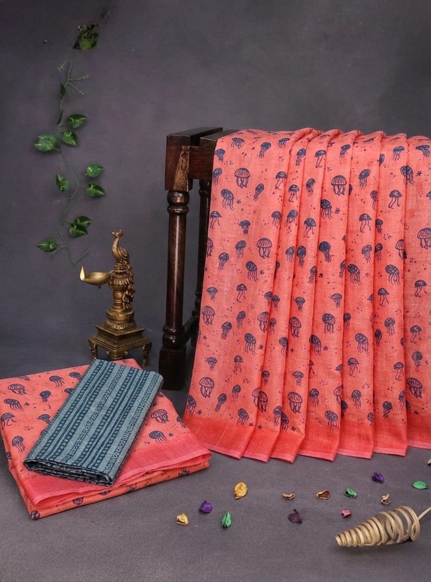 Trendy All-Over Jellyfish Print Orange Linen Cotton Saree