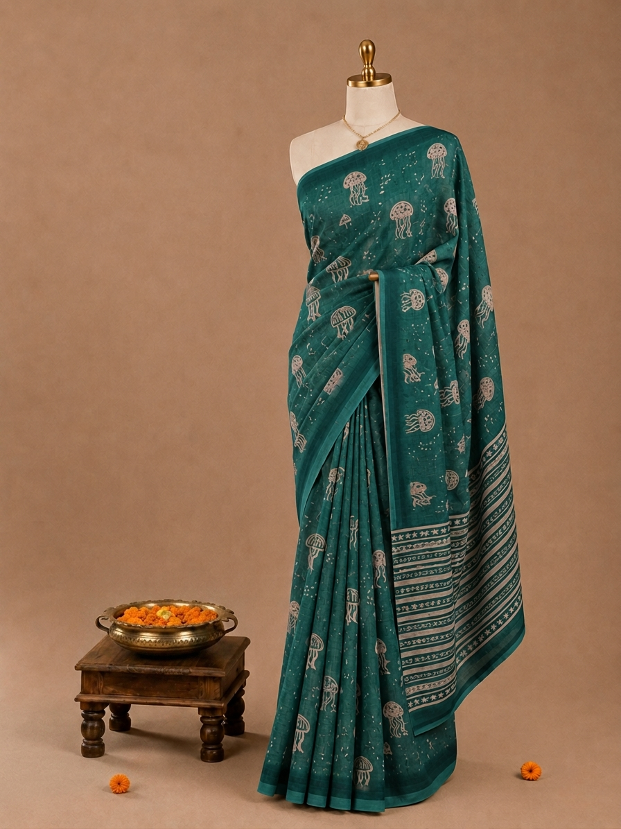 Trendy All-Over Jellyfish Print Forest Green Linen Cotton Saree