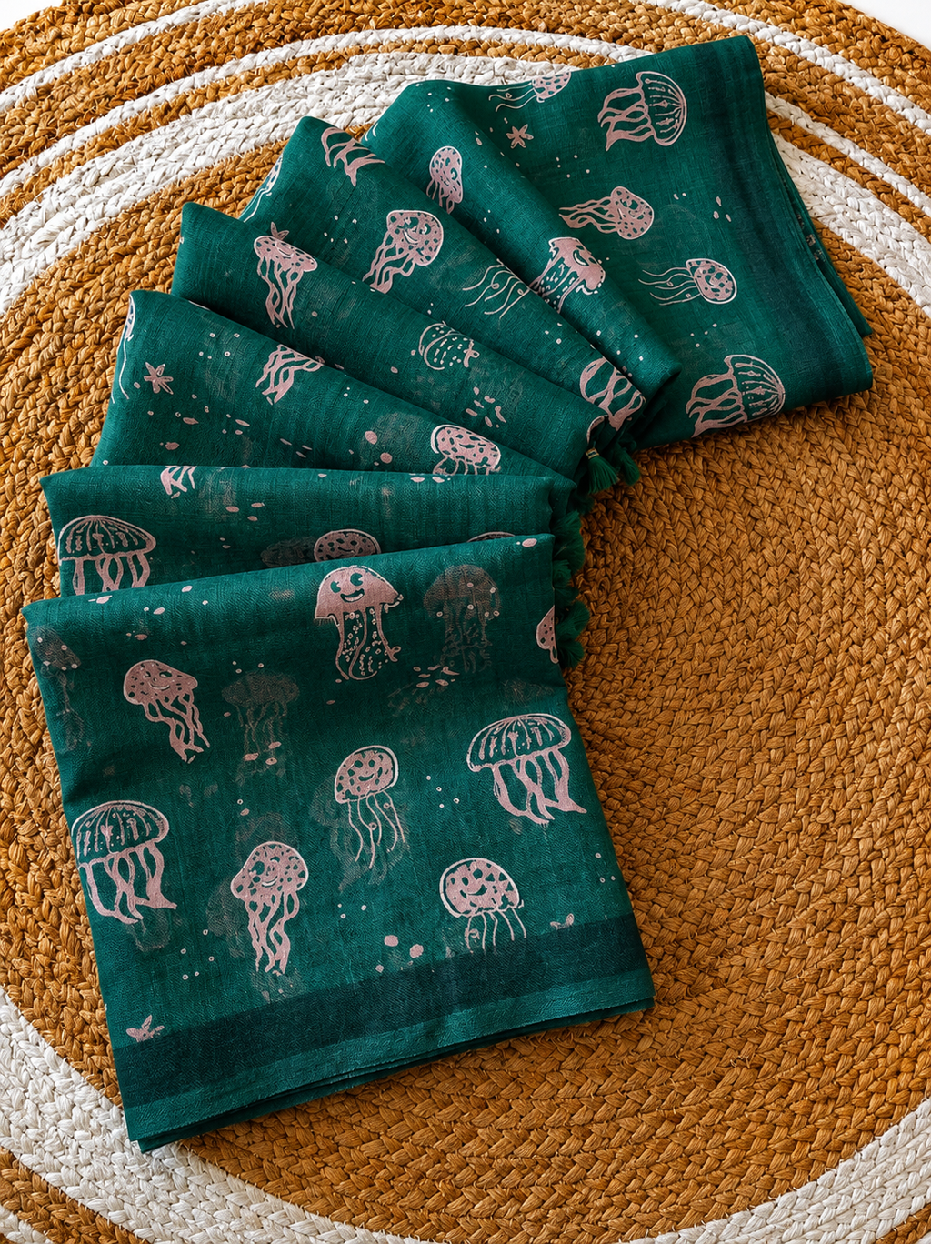 Trendy All-Over Jellyfish Print Forest Green Linen Cotton Saree