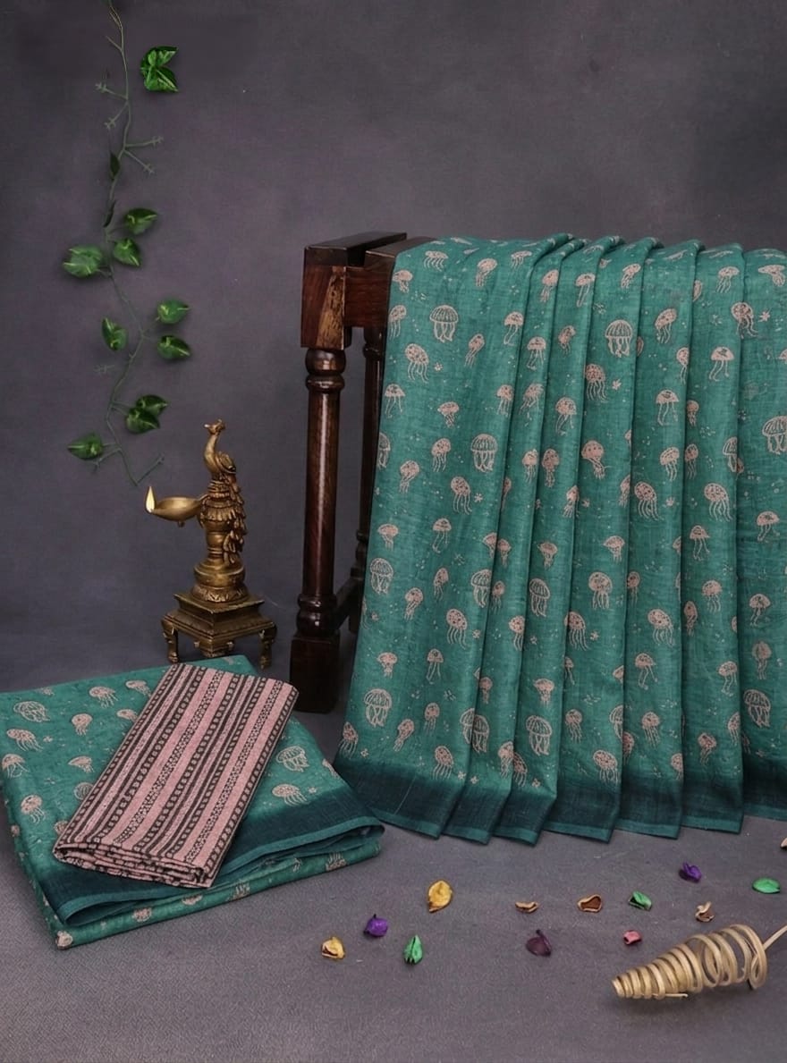 Trendy All-Over Jellyfish Print Forest Green Linen Cotton Saree