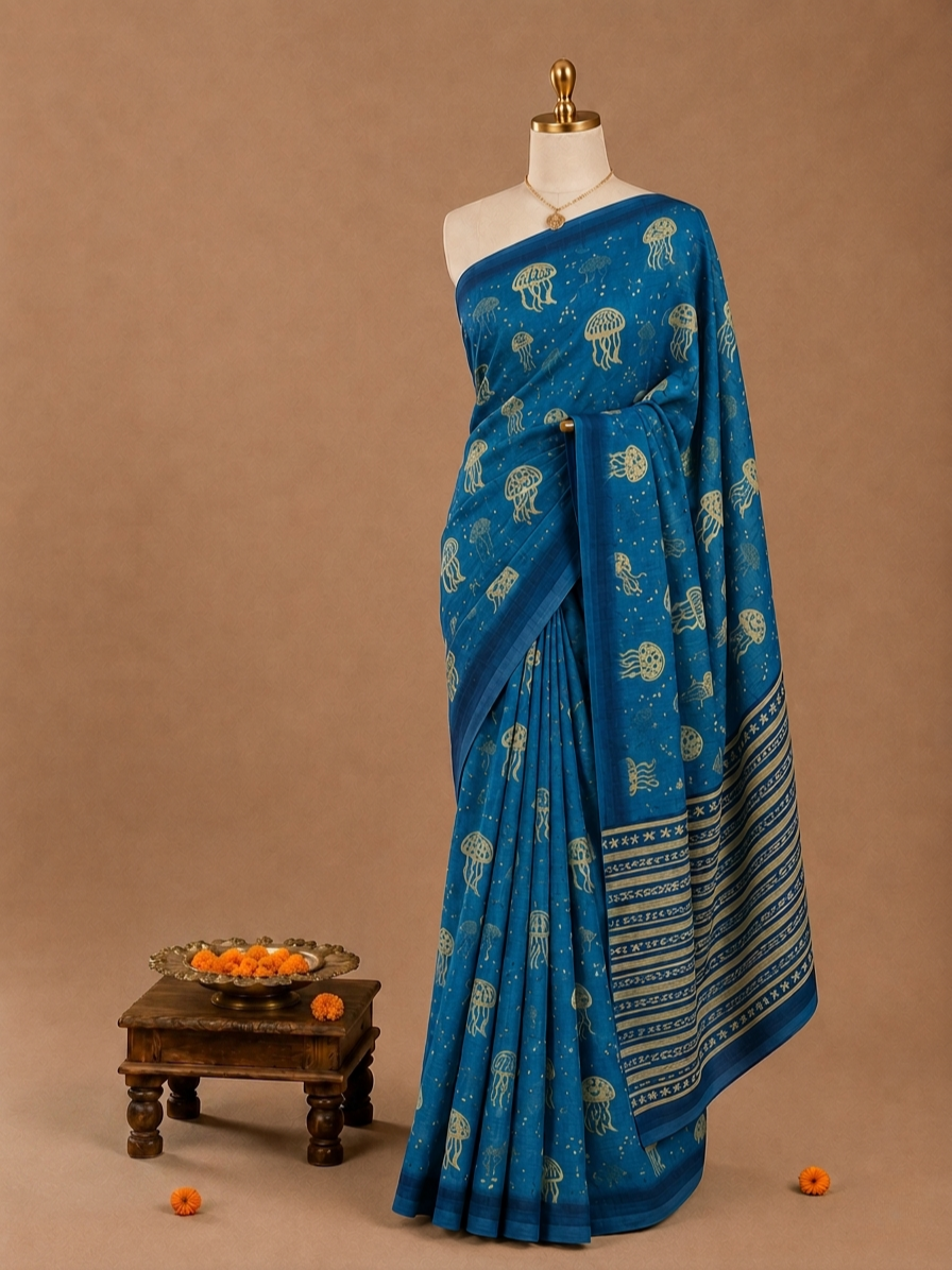 Trendy All-Over Jellyfish Print Teal Blue Linen Cotton Saree