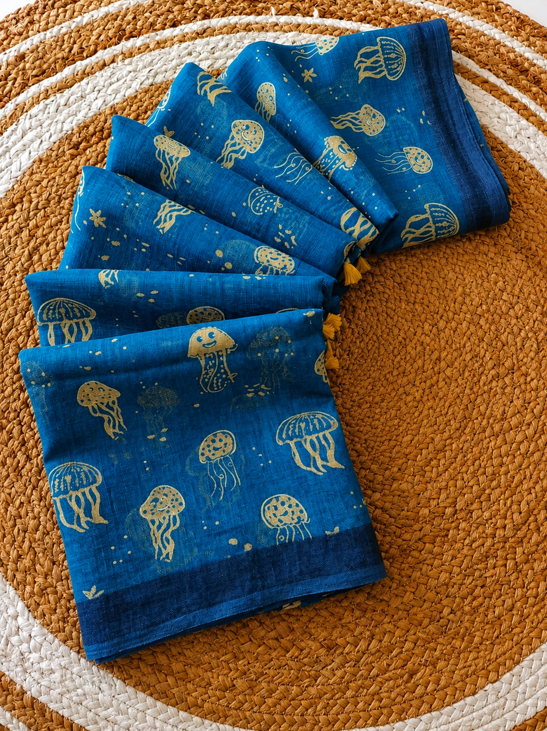 Trendy All-Over Jellyfish Print Teal Blue Linen Cotton Saree