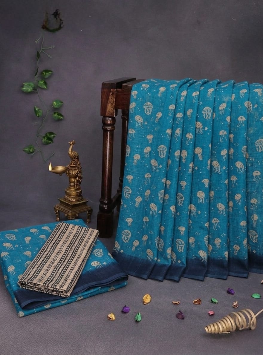 Trendy All-Over Jellyfish Print Teal Blue Linen Cotton Saree