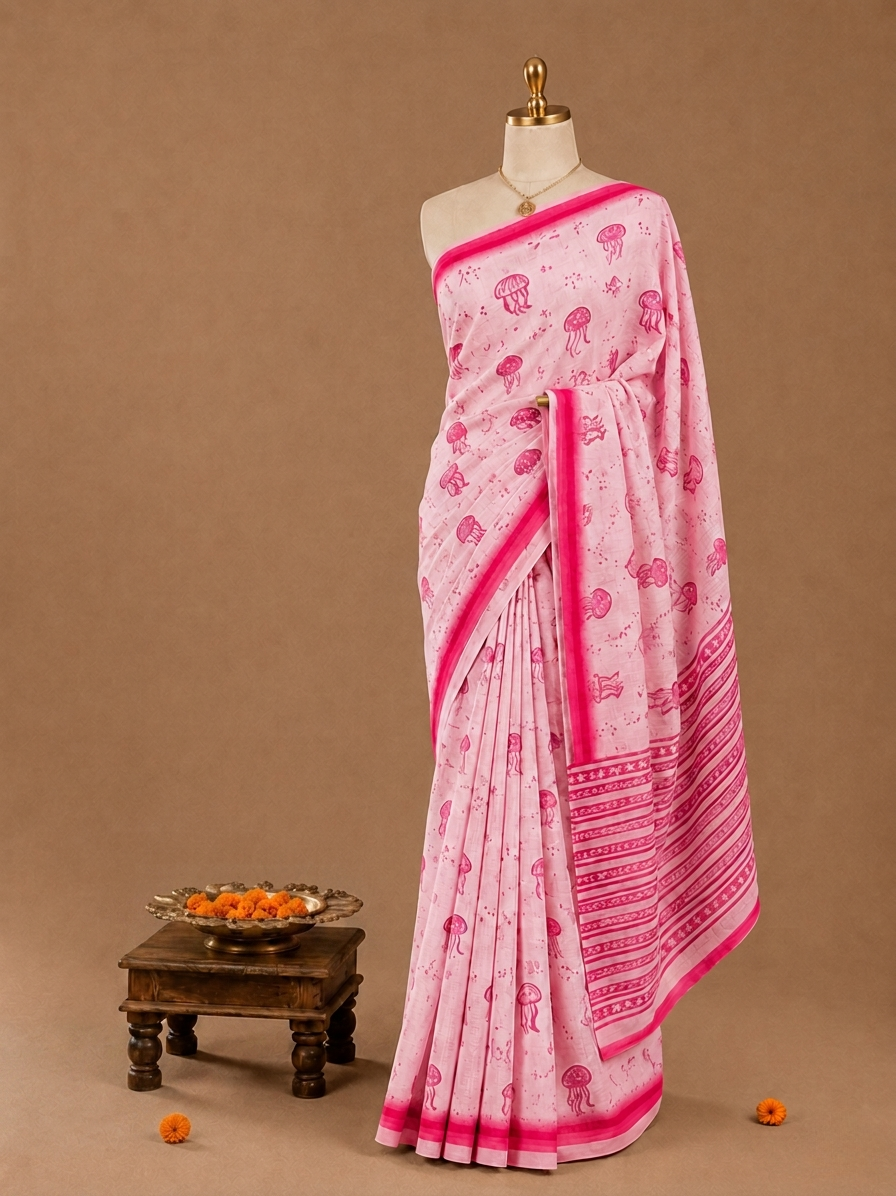 Trendy All-Over Jellyfish Print Pink Linen Cotton Saree