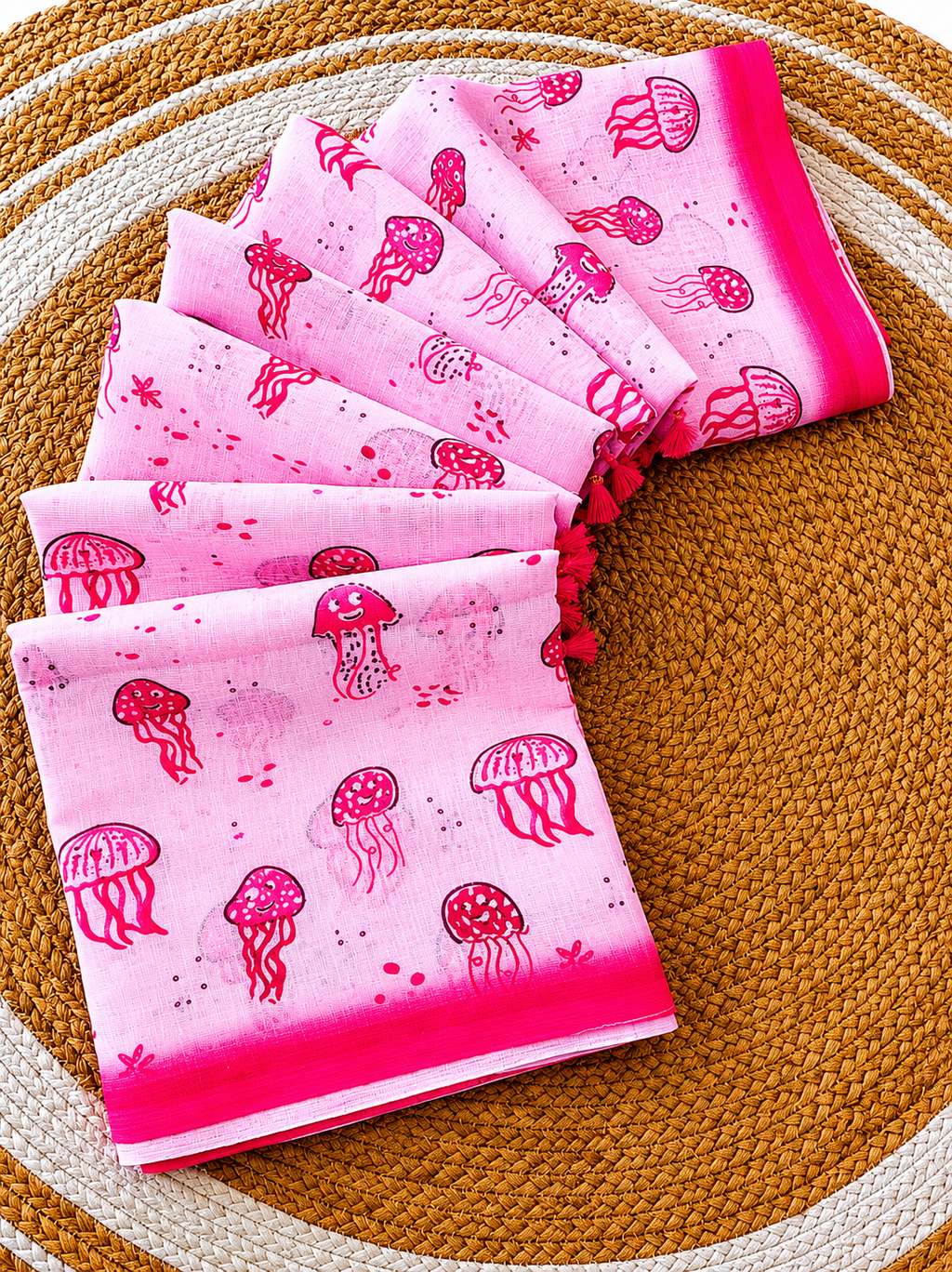Trendy All-Over Jellyfish Print Pink Linen Cotton Saree