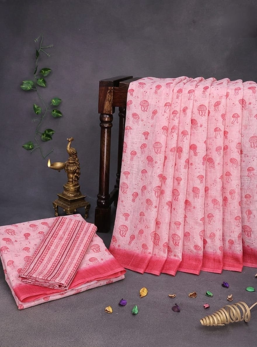 Trendy All-Over Jellyfish Print Pink Linen Cotton Saree