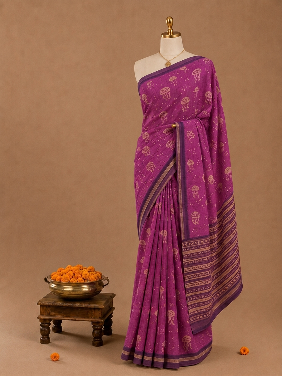 Trendy All-Over Jellyfish Print Deep Plum Linen Cotton Saree