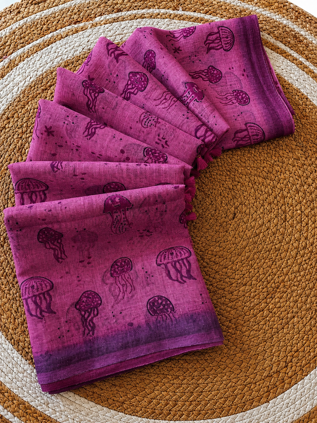 Trendy All-Over Jellyfish Print Deep Plum Linen Cotton Saree