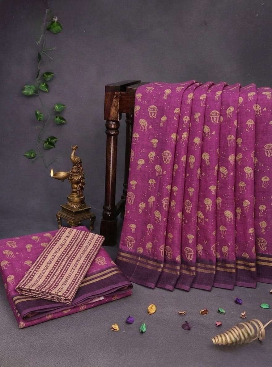 Trendy All-Over Jellyfish Print Deep Plum Linen Cotton Saree