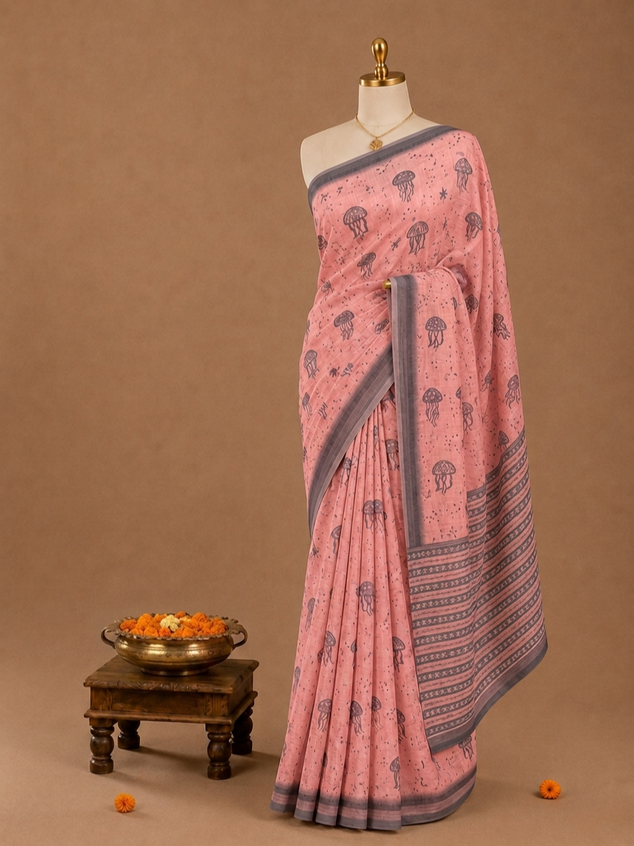 Trendy All-Over Jellyfish Print Peach Linen Cotton Saree