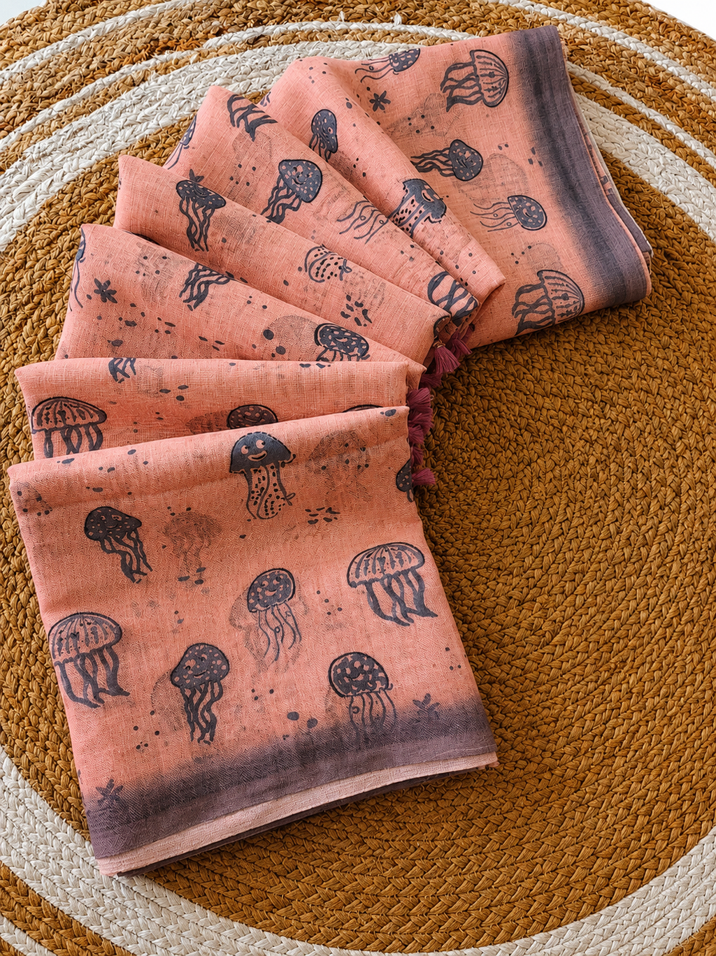 Trendy All-Over Jellyfish Print Peach Linen Cotton Saree