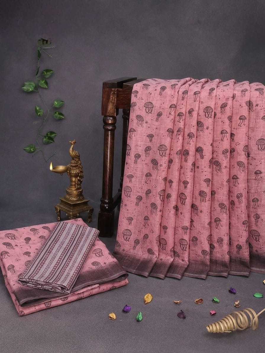 Trendy All-Over Jellyfish Print Peach Linen Cotton Saree