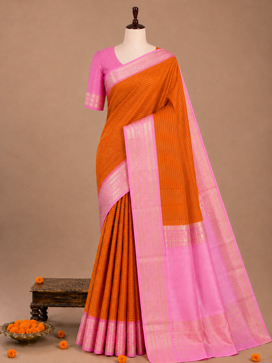 Elegant Vibrant Orange Fancy Silkworm Saree with Retta Patta Gold Zari Border