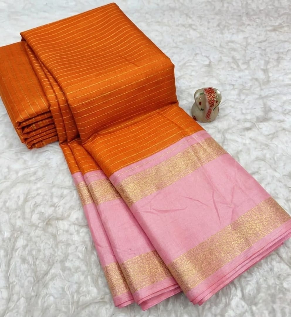 Elegant Vibrant Orange Fancy Silkworm Saree with Retta Patta Gold Zari Border