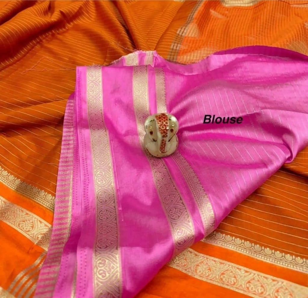 Elegant Vibrant Orange Fancy Silkworm Saree with Retta Patta Gold Zari Border