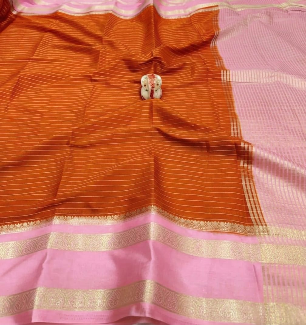 Elegant Vibrant Orange Fancy Silkworm Saree with Retta Patta Gold Zari Border