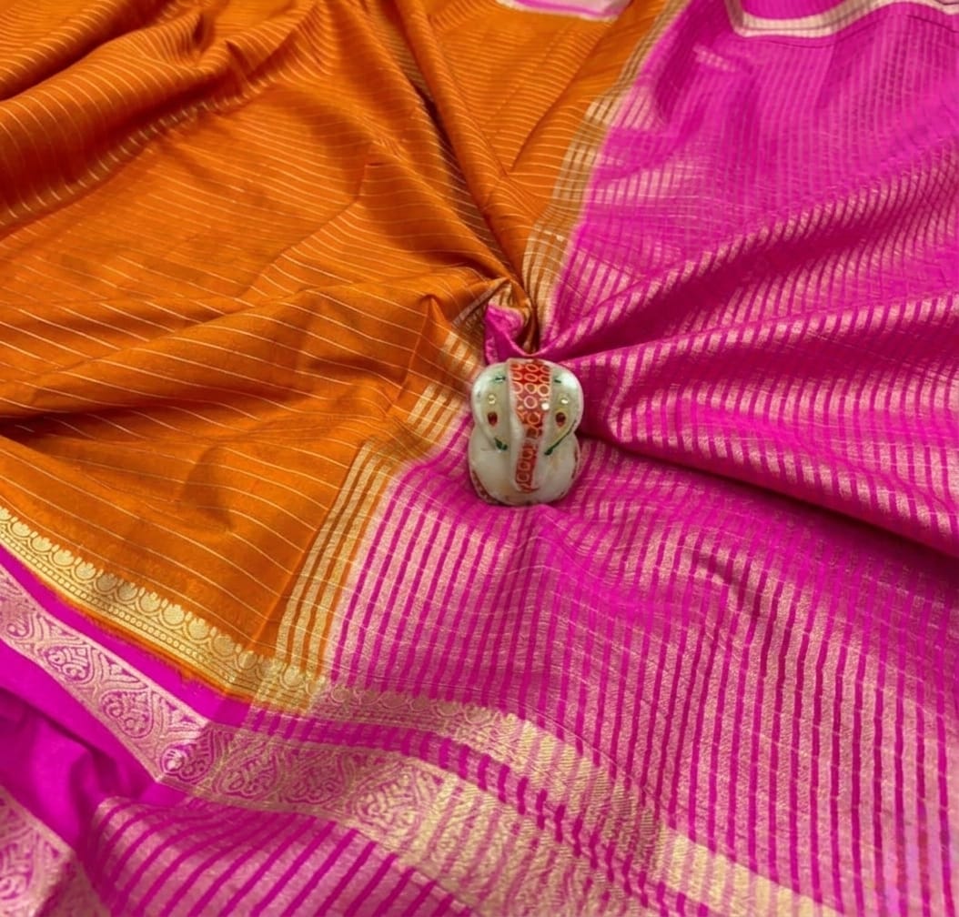 Elegant Vibrant Orange Fancy Silkworm Saree with Retta Patta Gold Zari Border